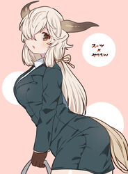  alternate_costume bad_id bad_twitter_id bow brown_eyes brown_gloves collared_shirt commentary cowboy_shot female formal gloves grey_skirt grey_suit hair_over_one_eye hairbow highres jacket kemono_friends long_hair long_sleeves looking_at_viewer office_lady ox_ears ox_girl ox_horns pencil_skirt shirt skirt solo suicchonsuisui suit suit_jacket translation_request twintails white_hair white_shirt yak_(kemono_friends) 