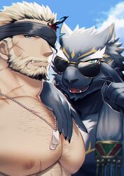  2boys adjusting_eyewear balor_(housamo) bara beard black_blindfold blindfold blonde_hair chest_hair facial_hair flaming_eye forked_eyebrows furry furry_male grey_fur hozu_(hozumi) jaguar_boy jewelry large_pectorals male_focus mature_male multiple_boys muscular muscular_male necklace nipples one_eye_covered open_mouth pectorals short_hair smile sunglasses tezcatlipoca_(housamo) thick_eyebrows tokyo_afterschool_summoners tusks two-tone_beard upper_body 