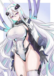  absurdres asymmetrical_legwear azur_lane blue_eyes breasts covered_navel expressionless female hair_between_eyes highleg highleg_leotard highres impossible_clothes impossible_leotard kearsarge_(azur_lane) large_breasts leotard long_hair matsunaga_maguro mechanical_gloves mismatched_legwear revision single_thighhigh taut_leotard thighhighs white_hair white_leotard white_shrug 