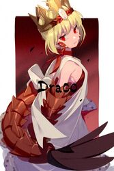  ahoge bikini blonde_hair braid breasts character_name crown dragon_claw dragon_tail echo_(circa) facial_mark fate/grand_order fate/grand_order_arcade fate_(series) female french_braid gold_crown hair_bun hair_intakes hair_ribbon long_hair looking_at_viewer nero_claudius_(fate) open_clothes pointed_crown queen_draco_(fate) queen_draco_(second_ascension)_(fate) red_bikini red_eyes red_ribbon ribbon robe scales small_breasts solo swimsuit tail white_robe 