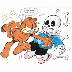  black_sclera black_shorts blue_eyes blue_jacket bone claws colored_sclera crossover english_commentary feline garfield garfield_(character) gary_barker heterochromia jacket jim_davis_(style) marker_(medium) no_humans orange_cat pink_footwear sans_(undertale) sharp_teeth shorts skeleton slashing slippers smile teeth thought_bubble traditional_media undertale white_background white_eyes 