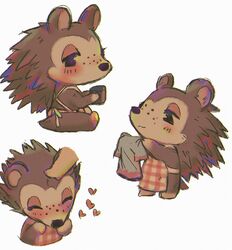  2020 animal_crossing anthro apron apron_only blush brown_body brown_fur closed_eyes clothing container cup eulipotyphlan featureless_feet featureless_hands feet female freckles fur half-closed_eyes happy head_pat heart_symbol hedgehog hi_res holding_object mammal mostly_nude multiple_images narrowed_eyes nintendo petting sable_able senqou shirt simple_background sitting solo topwear white_background 