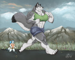  anthro big_muscles biped blue_hair bottomwear breasts canid canine canis clothing detailed_background digital_media_(artwork) duo exercise female fluffy fluffy_tail fur gravewalker grey_body grey_fur hair jogging karawuff larger_female luma_(character) macro mammal micro midriff mountain muscular muscular_female outside pawpads paws shirt shorts side_view size_difference smaller_female tail tank_top topwear white_body white_fur wolf 