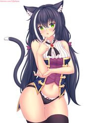  animal_ear_fluff animal_ears ass_visible_through_thighs bare_arms bare_shoulders black_hair black_panties black_thighhighs blush bow bow_panties breasts cat_ears cat_girl cat_tail commentary english_commentary female finger_to_mouth green_eyes hair_between_eyes hairbow hand_up head_tilt highres index_finger_raised karyl_(princess_connect!) long_hair looking_at_viewer low_twintails medium_breasts multicolored_hair navel no_detached_sleeves no_pants nottytiffy oerba_yun_fang panties parted_lips patreon_username princess_connect! purple_bow shirt simple_background sleeveless sleeveless_shirt solo streaked_hair tail tail_raised thighhighs twintails underwear very_long_hair watermark web_address white_background white_hair white_shirt 