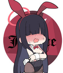  alternate_costume animal_ears bare_shoulders black_hair black_leotard blue_archive blush bow bowtie breasts chibi cleavage collar commentary_request detached_collar extra faceless faceless_female fake_animal_ears female hair_over_eyes hairband halo justice_task_force_member_(blue_archive) leotard long_hair medium_breasts nose_blush nyaru_(nyaru_4126) open_mouth playboy_bunny rabbit_ears rabbit_tail red_bow red_bowtie red_hairband red_halo round_image solo strapless strapless_leotard sweat tail very_long_hair wavy_mouth white_collar wing_collar wrist_cuffs 