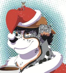  anthro australian_shepherd blue_eyes canid canine canis christmas christmas_clothing christmas_headwear cj_shepherd clothing costume deer digital_media_(artwork) domestic_dog duo fur giantboonehusky_(artist) hat headgear headwear herding_dog heterochromia hi_res holidays macro male mammal micro orange_eyes pastoral_dog santa_costume santa_hat sheepdog size_difference 