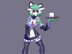  2022 3_fingers 4:3 annoyed blush clothing container cup fake_cat_ears fake_ears female fingers frilly frilly_clothing gardevoir generation_3_pokemon green_hair grey_background hair hi_res holding_plate legwear maid_uniform nintendo not_furry pokemon pokemon_(species) raven_(sheico) red_eyes sheico signature simple_background solo thigh_highs uniform 