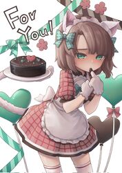  animal_ears balloon bow bowtie brown_hair cake cat_ears cat_tail chenyunchen2001 chocolate chocolate_cake female food gloves green_eyes heart_balloon highres licking licking_finger maid neneko_(nyanko_daisensou) nyanko_daisensou tail 