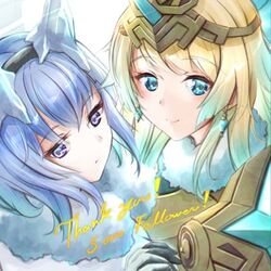  2girls armor bad_id bad_twitter_id blonde_hair blue_eyes blue_hair clear_glass_(mildmild1311) closed_mouth earrings fire_emblem fire_emblem_heroes fjorm_(fire_emblem) fjorm_(ice_ascendant)_(fire_emblem) fur_trim gradient_hair jewelry long_hair looking_at_viewer lowres milestone_celebration multicolored_hair multiple_girls nifl_(fire_emblem) official_alternate_costume portrait smile takahashi_rie thank_you tiara voice_actor_connection white_background 