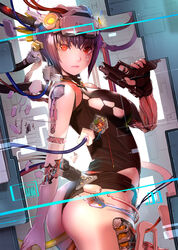  absurdres ass black_gloves black_leotard breasts cable closed_mouth commentary_request cowboy_shot cyberpunk cyborg female fingerless_gloves ghost_in_the_shell ghost_in_the_shell:_sac_2045 gloves gun highres holding holding_gun holding_weapon indoors kusanagi_motoko leotard looking_at_viewer medium_breasts mikazuki_akira! purple_hair red_eyes science_fiction short_hair solo subdermal_port weapon 