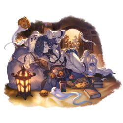  3girls alpha_transparency bags_under_eyes black_hair book breasts candy cleavage cookie cupcake dress food ghost ghost_costume granblue_fantasy hair_between_eyes hair_over_one_eye halloween_costume holding holding_book indoors jack-o&#039;-lantern lantern lich_(granblue_fantasy) lich_(halloween)_(granblue_fantasy) long_hair long_sleeves lyria_(granblue_fantasy) minaba_hideo multiple_girls official_art open_mouth plate purple_eyes rosetta_(granblue_fantasy) sharp_teeth sleeves_past_fingers sleeves_past_wrists small_breasts smile teeth transparent_background white_dress 