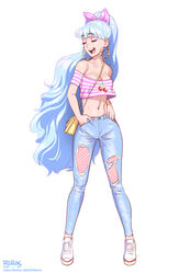  artist_name bag blue_hair breasts cleavage closed_eyes crop_top dated denim earrings eyeshadow fellatrix female full_body hands_in_pockets hoop_earrings jeans jewelry long_hair makeup midriff navel off-shoulder_shirt off_shoulder open_mouth original pants pink_shirt shirt shoes shoulder_bag simple_background sneakers solo striped_clothes striped_shirt subscribestar_username teeth torn_clothes torn_jeans torn_pants upper_teeth_only valentina_(fellatrix) watermark web_address white_background white_footwear 