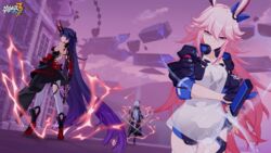  3girls after_battle animal_ears armor black_hair black_headwear blue_gloves blue_hair blue_headwear blue_jacket blue_shorts bow_(weapon) breasts closed_mouth collarbone elysia_(honkai_impact) elysia_(miss_pink_elf)_(honkai_impact) full_body gloves hair_between_eyes headphones herrscher_of_corruption high_heels highres holding holding_bow_(weapon) holding_sword holding_weapon honkai_(series) honkai_impact_3rd horns jacket japanese_armor japanese_clothes large_breasts long_hair long_sleeves looking_at_another looking_back looking_down multiple_girls official_alternate_costume official_art official_wallpaper open_hand outdoors pink_hair rabbit_ears raiden_mei raiden_mei_(herrscher_of_thunder) red_horns sheath sheathed shirt short_shorts shorts single_bare_shoulder single_glove sparks sword thighhighs upper_body very_long_hair weapon white_shirt white_thighhighs yae_sakura yae_sakura_(goushinnso_memento) 