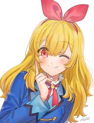  ;) aikatsu! aikatsu!_(series) blazer blonde_hair blue_jacket blush bow commentary_request female hairband highres hoshimiya_ichigo index_finger_raised jacket kippu long_hair one_eye_closed portrait red_bow red_eyes red_hairband school_uniform signature simple_background smile solo starlight_academy_school_uniform white_background 