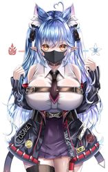  ahoge animal_ears blue_eyes blue_hair blush breasts cosplay female hair_ornament heart heart_ahoge highres hololive kasakai_hikaru large_breasts long_hair looking_at_viewer mask nakiri_ayame nakiri_ayame_(cosplay) nakiri_ayame_(streetwear) necktie official_alternate_hairstyle open_mouth pointy_ears simple_background skirt smile solo thighhighs virtual_youtuber yukihana_lamy 