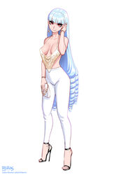  artist_name black_footwear blue_hair breasts breasts_apart cleavage dated earrings fellatrix female full_body high_heels jewelry looking_at_viewer no_bra original pants red_eyes shirt simple_background solo subscribestar_username valentina_(fellatrix) watermark web_address white_background white_pants 