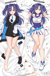  arms_up bed_sheet belt black_socks blazer blue_archive blue_necktie cellphone choker coat collarbone collared_shirt commentary_request dakimakura_(medium) detached_sleeves elbow_gloves feet female frilled_skirt frills from_above full_body gloves hair_between_eyes hair_ornament halo highres id_card idol jacket knees_together_feet_apart kurisu-kun long_hair long_sleeves looking_at_viewer lying mischievous_straight_uniform_(blue_archive) necktie official_alternate_costume on_back open_clothes open_coat parted_bangs parted_lips peroro_(blue_archive) phone pleated_skirt purple_eyes purple_hair reaching reaching_towards_viewer school_uniform shirt short_sleeves sidelocks simple_background skirt skirt_tug smartphone socks stuffed_chicken two_side_up unworn_belt unworn_legwear white_coat yuuka_(blue_archive) 