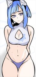  arms_behind_back bare_shoulders blue_eyes blue_hair breasts cleavage cleavage_cutout clothing_cutout female fire_emblem fire_emblem_heroes highres horns ice_horns light_blush looking_to_the_side medium_breasts medium_hair navel nifl_(fire_emblem) nifl_(summer)_(fire_emblem) no_pupils official_alternate_costume parted_bangs ponytail sidelocks solo swimsuit tavi_(hosheezus) thigh_gap thighs white_background 