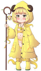  absurdres bailingxiao_jiu bandages blonde_hair blush boots brown_eyes chestnut_mouth chinese_commentary collarbone commentary cthulhu_mythos curled_horns female full_body groin hair_ornament hastur highres holding holding_staff hood hood_up hooded_robe horns horns_through_headwear horns_through_hood navel open_clothes open_robe parted_lips personification robe simple_background solo staff standing tentacle tentacle_hair_ornament white_background yellow_footwear yellow_robe yellow_sign 