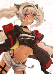  animal_ears belt belt_buckle black_hairband black_shirt buckle cat_ears collar cowboy_shot crop_top dark-skinned_female dark_skin eyeharmheart fake_animal_ears female flat_chest floating_hair grin hairband highres jacket long_hair long_sleeves looking_at_viewer matsukai_mao matsukai_mao_(1st_costume) midriff navel nijisanji open_clothes open_jacket petite pink_eyes shirt short_shorts shorts slit_pupils smile solo stomach twintails virtual_youtuber white_background white_hair white_shorts 