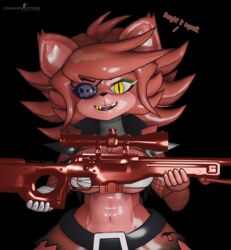  2022 3d_(artwork) absurd_res anthro armwear bandage bandaged_arm bandaged_chest canid canine clothing counter-strike dialogue digital_media_(artwork) english_text eye_patch eyewear female fishnet_armwear fishnet_clothing five_nights_at_freddy&#039;s fox foxy_(cally3d) foxy_(fnaf) fredina&#039;s_nightclub fur gold_(metal) gold_tooth gun hair hi_res logo mammal mtf_crossgender ranged_weapon red_body red_fur red_hair red_text rifle rule_63 scottgames sheeple3d smile smiling_at_viewer sniper_rifle solo text valve weapon yellow_eyes 