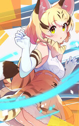  absurdres animal_ears ass blonde_hair blush breasts brown_hair brown_skirt cat_ears cat_tail commentary elbow_gloves female gloves highres kemono_friends looking_at_viewer medium_breasts multicolored_hair parted_lips sand_cat_(kemono_friends) short_hair skirt solo tail takom two-tone_hair white_gloves white_hair yellow_eyes 