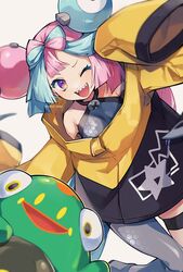  ;d bellibolt blurry breasts commentary_request eyelashes female green_hair grey_pantyhose grey_shirt happy highres iono_(pokemon) jacket long_hair looking_at_viewer multicolored_hair one_eye_closed open_mouth pantyhose pink_hair pokemon pokemon_(creature) pokemon_sv purple_eyes shirt single_leg_pantyhose sleeveless sleeveless_shirt sleeves_past_fingers sleeves_past_wrists smile star_(symbol) star_print tako2_eaka teeth thigh_strap tongue two-tone_hair upper_teeth_only white_background yellow_jacket 