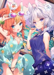  2girls ana_(rznuscrf) animal_crossing arm_up armpits audie_(animal_crossing) bare_arms bare_shoulders between_legs blue_dress blue_eyes blue_shirt blue_skirt blush breasts brown_hair cleavage collared_shirt commentary_request dress dress_shirt eyewear_lift eyewear_on_head floral_print hair_between_eyes hand_between_legs hand_up humanization lifting_own_clothes long_hair medium_breasts multicolored_hair multiple_girls orange_hair print_skirt purple-tinted_eyewear purple_eyes shirt skirt sleeveless sleeveless_dress sleeveless_shirt streaked_hair sunglasses tinted_eyewear white_hair whitney_(animal_crossing) 