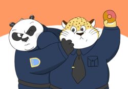  2019 anthro bear belly benjamin_clawhauser black_body black_fur black_nose bottomwear cheetah clothing countershading dessert disney doughnut dreamworks duo felid feline food fur giant_panda kassis_orange kemono kung_fu_panda male mammal master_po_ping necktie overweight overweight_male pants pastry shirt topwear white_body white_fur zootopia 