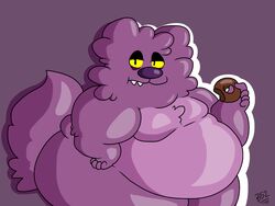  2018 4:3 5_fingers anthro batspid2 bear belly big_belly biped black_eyelids black_eyes cel_shading chest_tuft dessert digital_drawing_(artwork) digital_media_(artwork) doughnut eating eyelids facial_tuft fangs fingers food front_view fur glistening glistening_eyes glistening_nose half-length_portrait hand_on_hip holding_food holding_object huge_thighs looking_at_viewer love_handles male mammal moobs narrowed_eyes overweight overweight_anthro overweight_male pastry portrait purple_background purple_body purple_fur purple_nose shaded shadow signature simple_background solo standing tail tail_tuft teeth thick_thighs three-quarter_view tuft tufted_ears tufted_fur wide_hips yellow_sclera 