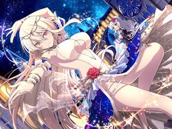  2girls alternate_costume armpits blonde_hair blush breasts casual_one-piece_swimsuit circlet cleavage dancing dress drill_hair dutch_angle flower ginrei_(senran_kagura) grey_hair hairband high_heels highres large_breasts leo_(senran_kagura) leo_(symbol) long_hair looking_at_viewer multiple_girls name_connection night night_sky object_namesake official_alternate_costume official_art one-piece_swimsuit open_mouth pink_eyes red_flower red_rose rose senran_kagura senran_kagura_new_link senran_kagura_new_wave sky smile star_(sky) starry_sky starry_sky_print swimsuit underboob very_long_hair 