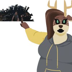  1:1 2023 alpha_channel animated anthro antlers black_sclera breakdancing breasts brown_body brown_hair clothing dancing deer duo female gesture green_eyes hair hand_gesture hoodie horn human jeremy_harrington jerma985 male mammal markings meme missrockyqo open_mouth overweight overweight_female pointing pointing_at_another pointing_guy_meme real_world redraw roxanne_(missrockyqo) shitpost short_playtime simple_background spots spotted_markings topwear transparent_background two_soyjaks_pointing 