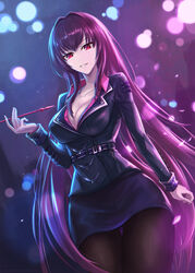  adapted_uniform alternate_costume black_jacket black_skirt blazer breasts brown_pantyhose cleavage fate/grand_order fate_(series) female gae_bolg_(fate) highres jacket long_hair long_sleeves looking_at_viewer pantyhose pencil_skirt polearm purple_hair red_eyes red_shirt scathach_(fate) scathach_(true_crimson_spear_trainer)_(fate) shirt skirt skyde_kei smile solo spear unbuttoned unbuttoned_shirt undershirt very_long_hair weapon 