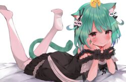  absurdres animal_ears bare_shoulders bed_sheet black_bow black_dress blue_hair blush bow cat_ears cat_girl cat_tail closed_mouth colored_tips commentary_request dress eureka_814 female frilled_cuffs frills from_side full_body gothic_lolita gradient_hair green_hair hair_ornament hairbow hands_on_own_cheeks hands_on_own_face hands_up highres hololive jewelry lolita_fashion looking_at_viewer looking_to_the_side low_twintails lying medium_hair multicolored_hair no_shoes off-shoulder_dress off_shoulder official_alternate_costume on_stomach piyoko_(uruha_rushia) red_eyes short_dress short_sleeves short_twintails sidelocks skull_hair_ornament smile soles solo tail the_pose thighhighs twintails uruha_rushia uruha_rushia_(3rd_costume) virtual_youtuber white_background white_thighhighs wrist_cuffs 