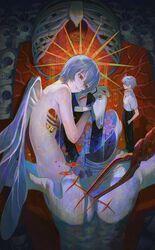  1boy 1other angel_(evangelion) ayanami_rei blue_hair collared_shirt creature disembodied_eye extra_eyes female flower hair_between_eyes hair_over_eyes hands_in_pockets heart highres hugging_object ikuta41 injury lance_of_longinus_(evangelion) lilith_(evangelion) looking_up multiple_wings nagisa_kaworu neon_genesis_evangelion nude plugsuit purple_flower red_eyes ribs scar scar_on_chest school_uniform shirt short_sleeves skeleton skull sparkle tokyo-3_middle_school_uniform white_shirt wings 