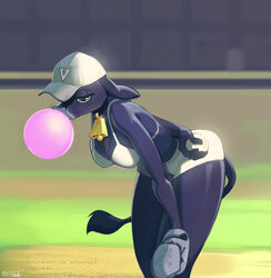  ball baseball_(ball) baseball_(sport) baseball_field baseball_glove blowing_bubble_gum bovid bovine breasts bubble bubble_gum candy cattle clothed clothing collar cowbell dessert digital_media_(artwork) feliscede female food fur green_eyes gum hat headgear headwear inflating mammal outside purple_body purple_fur shaded skimpy solo sport tail tail_tuft tuft void_(feliscede) 