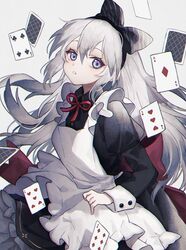  ace_(playing_card) ace_of_diamonds alice_(alice_in_wonderland) alice_(alice_in_wonderland)_(cosplay) alice_in_wonderland apron back_bow black_bow black_dress blue_eyes bow card club_(shape) commentary cosplay cowboy_shot diamond_(shape) dress female five_of_hearts four_of_clubs frilled_dress frills grey_eyes grey_hair hairbow heart highres juliet_sleeves long_hair long_sleeves looking_at_viewer namiki_itsuki original playing_card puffy_sleeves red_bow sidelocks six_of_diamonds sleeve_cuffs solo three_of_hearts white_apron 