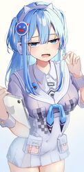  animal_ear_headphones animal_ears annoyed blue_eyes blue_hair blue_neckerchief blue_serafuku breasts collared_dress commentary cowboy_shot crop_top dress fake_animal_ears female goddess_of_victory:_nikke hair_between_eyes headphones headset highres holding holding_microphone holding_tablet_pc light_blush long_hair looking_at_viewer medium_breasts microphone neckerchief one_side_up pouch school_uniform serafuku shifty_(nikke) short_sidetail short_sleeves sidelocks simple_background smiley_face solo tablet_pc thigh_gap thighs wrist_cuffs yuuki_tegami 