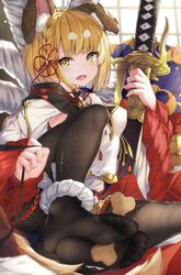  animal_ears bad_id bad_pixiv_id bare_shoulders black_pantyhose blonde_hair blue_one-piece_swimsuit blush braid breasts commentary_request detached_sleeves dog_ears dog_tail dog_treat erune feet female granblue_fantasy hair_ornament highres holding_with_feet hyouta_(yoneya) indoors katana lips looking_at_viewer no_shoes oerba_yun_fang one-piece_swimsuit open_mouth pantyhose rope school_swimsuit shimenawa short_hair small_breasts solo swimsuit swimsuit_under_clothes sword tail torn_clothes torn_pantyhose vajra_(granblue_fantasy) weapon wide_sleeves yellow_eyes 