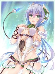  atelier_(series) atelier_sophie bare_shoulders breasts clothing_cutout covered_navel covered_nipples female green_eyes hair_between_eyes highres kazuneko_(wktk1024) long_hair looking_at_viewer navel_cutout open_mouth partially_visible_vulva plachta purple_hair small_breasts solo swimsuit symbol-shaped_pupils 