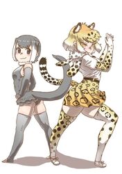  2girls :3 animal_ears ass bare_shoulders belt black_eyes black_hair blonde_hair cat_girl clapping closed_mouth colored_inner_hair commentary_request dancing elbow_gloves extra_ears eyelashes fingerless_gloves flamenco floating_hair full_body fur_collar fur_scarf gloves grey_hair grey_one-piece_swimsuit hands_on_own_hips hands_up jaguar_(kemono_friends) jaguar_ears jaguar_girl jaguar_print jaguar_tail kemono_friends kishida_shiki looking_at_viewer looking_back medium_hair microskirt multicolored_hair multiple_girls one-piece_swimsuit otter_ears otter_tail own_hands_together print_scarf print_skirt print_thighhighs scarf shirt short_hair short_sleeves sidelocks skirt small-clawed_otter_(kemono_friends) smile standing swimsuit tail thighhighs toeless_legwear tsurime twisted_torso two-tone_hair white_hair white_shirt yellow_eyes zettai_ryouiki 