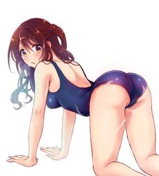  all_fours ass bent_over blush breasts brown_eyes brown_hair female hair_between_eyes idolmaster idolmaster_cinderella_girls idolmaster_cinderella_girls_starlight_stage long_hair looking_at_viewer looking_back medium_breasts one-piece_swimsuit one_side_up parted_lips school_swimsuit serino_itsuki shimamura_uzuki simple_background solo swimsuit thighs wet white_background 