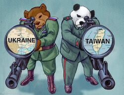  aiming aiming_weapon anthro bear belt black_body black_ears black_fur black_nose boots brown_body brown_fur brown_nose caricature china chinese clothing collar dress_shirt duo english_text footwear fur giant_panda green_background green_clothing gun male mammal map military military_pants military_uniform multicolored_body multicolored_fur officer one_eye_closed pattern_clothing political_cartoon politics ranged_weapon red_star ribbons rifle russia russian russian_flag russo-ukrainian_war scope shirt simple_background sniper sniper_rifle standing star striped_clothing stripes taiwan taiwanese text topwear ukraine uniform unknown_artist weapon white_body white_fur 