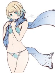  alternate_costume armpit_crease bare_shoulders bikini blonde_hair blue_bikini blue_eyes blue_scarf clam_shell clear_glass_(mildmild1311) earrings female fire_emblem fire_emblem_heroes fjorm_(fire_emblem) highres jewelry light_smile looking_at_viewer multi-strapped_bikini navel own_hands_together scarf shell shell_bikini short_hair signature solo swimsuit thighs 