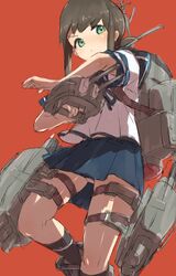  adapted_turret alchera black_hair black_socks blue_sailor_collar blue_skirt cannon feet_out_of_frame female fubuki_(kancolle) green_eyes kantai_collection kneehighs long_hair low_ponytail machinery panties ponytail red_background sailor_collar school_uniform serafuku short_ponytail sidelocks simple_background skirt socks solo torpedo_launcher turret underwear white_panties 