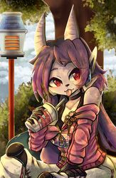  anthro black_nose breasts clothed clothing collar container cup dragon female freedom_planet galaxytrail gloves hair handwear hi_res horn hybrid knee_pads mythological_creature mythological_scalie mythology outside plant purple_hair red_eyes sash_lilac scalie shira_ki solo sweater tongue tongue_out topwear tree 