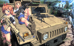  2girls 3d :d adaptive_combat_rifle assault_rifle blue_eyes blush bmpt_terminator boots brown_eyes brown_hair cloud collarbone gloves gun hairband hase_yu headband holding holding_gun holding_weapon humvee knee_pads legs light_machine_gun long_hair looking_at_viewer lying m249 m4_carbine machine_gun midriff military military_vehicle motor_vehicle multiple_girls on_back open_mouth original pleated_skirt post-apocalypse rifle school_uniform serafuku short_hair side_ponytail sidelocks skirt sky smile socks tank thigh_strap weapon white_socks 