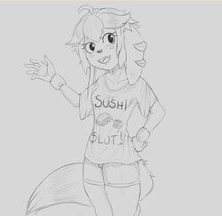  anthro badfidhell basset_hound blush blush_stickers bottomwear breasts canid canine canis clothing domestic_dog female freedom_planet fur galaxytrail greyscale hair hunting_dog long_ears mammal milla_basset monochrome open_mouth scent_hound shirt shorts solo topwear 