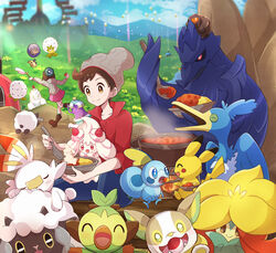  1boy alcremie alcremie_(strawberry_sweet) beanie blurry bowl brown_eyes brown_hair cable_knit cardigan character_print closed_mouth cloud corviknight cramorant curry day dress duraludon eating eldegoss feeding female food gloria_(pokemon) gossifleur green_headwear grey_cardigan grey_headwear grookey haru_(haruxxe) hat holding holding_bowl holding_spoon hooded_cardigan leon_(pokemon) morpeko morpeko_(full) outdoors pikachu pink_dress pokemon pokemon_(creature) pokemon_swsh polteageist red_shirt rice rolycoly scorbunny shirt short_hair sitting sky sleeves_rolled_up smile sobble spoon steam tam_o&#039;_shanter victor_(pokemon) wooloo yamper 