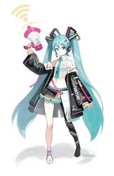  absurdres aqua_eyes aqua_hair asymmetrical_footwear asymmetrical_legwear bare_shoulders black_jacket black_skirt collared_shirt commentary crop_top female full_body grey_shirt hair_ornament hand_up hatsune_miku headphones highres holding holding_megaphone jacket long_hair looking_at_viewer megaphone midriff miniskirt mismatched_footwear navel necktie off_shoulder open_clothes open_jacket shadow shirt shoes short_necktie simple_background single_thighhigh skirt sleeveless sleeveless_shirt solo soyoong_jun standing stomach thighhighs thighs twintails uneven_legwear very_long_hair vocaloid vocaloid_boxart_pose white_background wi-fi_symbol 